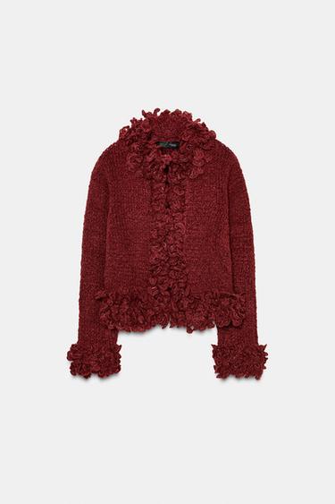 Zara FRINGED KNIT CARDIGAN - Burgundy