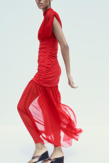 VESTIDO MIDI COMBINADO TUL - Rojo de Zara
