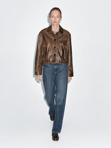 Zara Distressed effect nappa leather cropped jacket - Brown