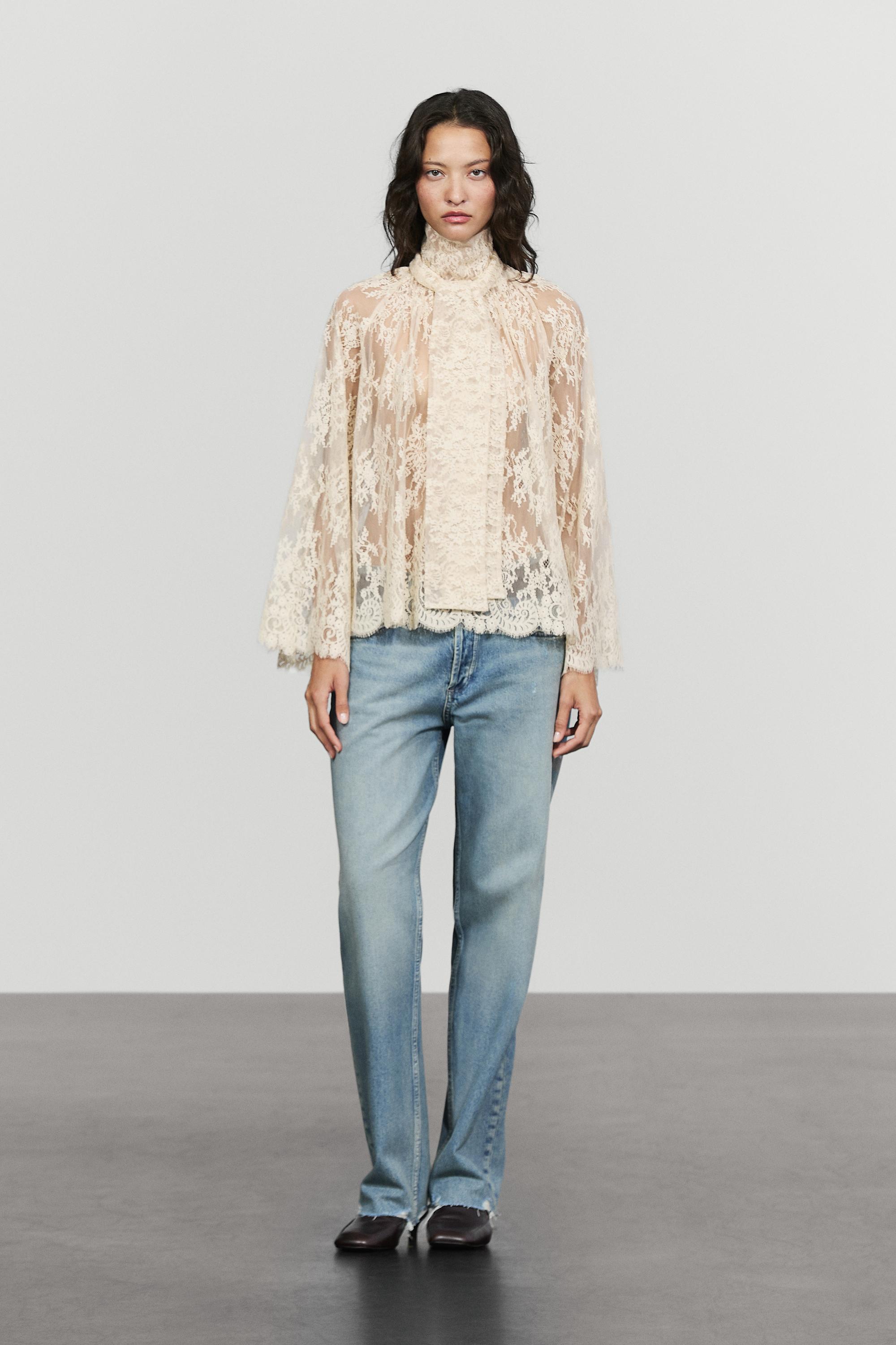 Flowing lace blouse with tie