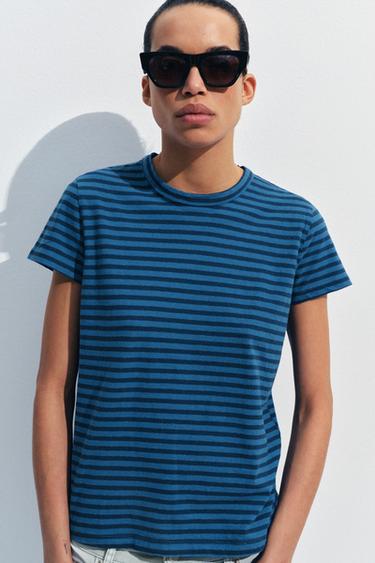 STRIPED COTTON AND LINEN T-SHIRT - Blue / Indigo by Zara - Image 3