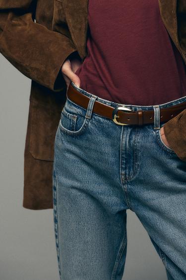 LEATHER BELT WITH OVAL BUCKLE - Brown by Zara - Image 0