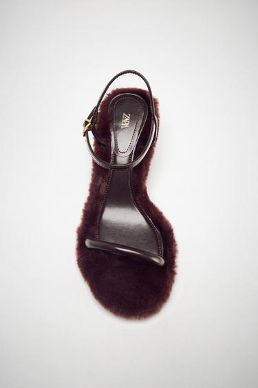 Zara FAUX FUR SOLE HEELED SANDALS - Burgundy Red