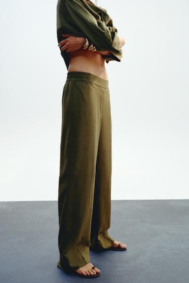 WIDE-LEG LINEN-BLEND TROUSERS - Dark khaki by Zara