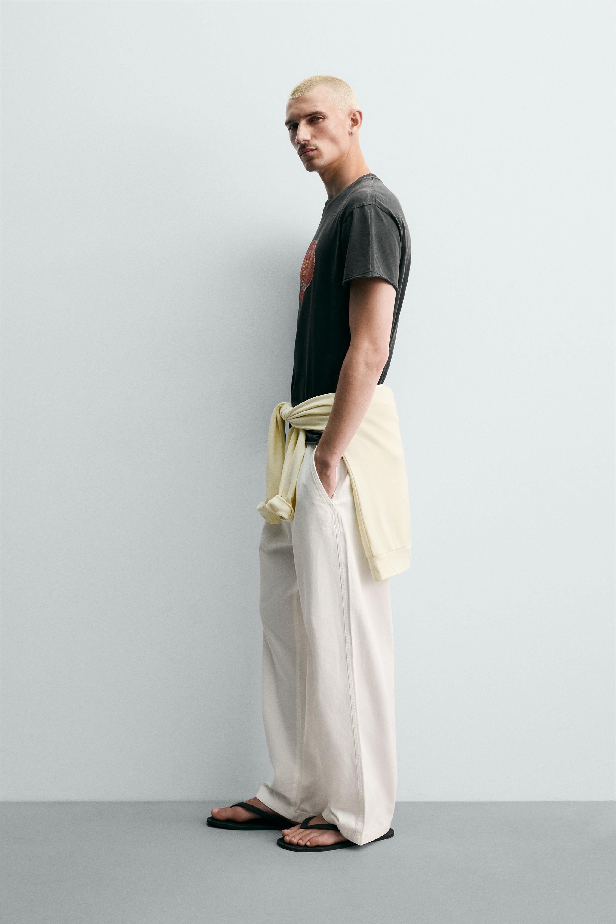 RELAXED FIT HERRINGBONE PANTS — White