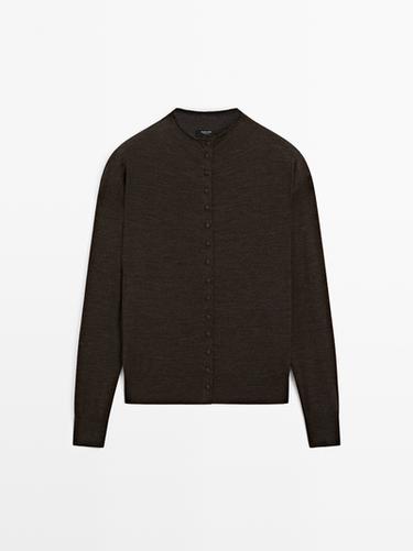 Zara Mock turtleneck cardigan with covered buttons - Chocolate