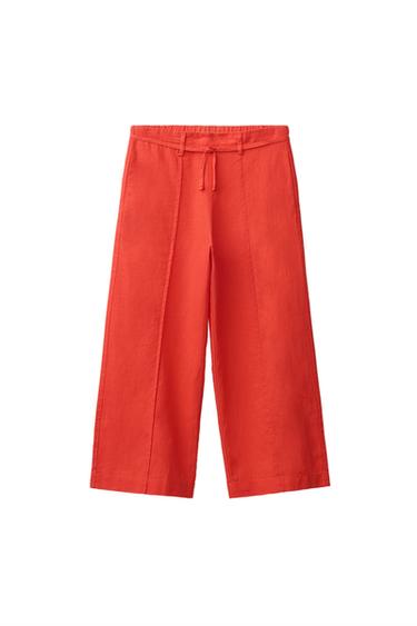 بنطلون مستقيم بحبل من الكتان - أحمر by Zara