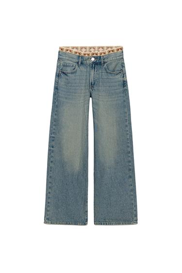 جينز Z1975 لوز فيت خصر متوسط كروشيه مدمج - أزرق وسط الخاص بـ Zara