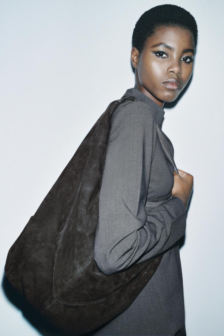 Zara Graue Wildleder Handtasche Beuteltasche Grau Wildleder