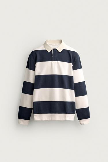 Zara RELAXED FIT STRIPED PIQUÉ POLO SHIRT - White / Navy