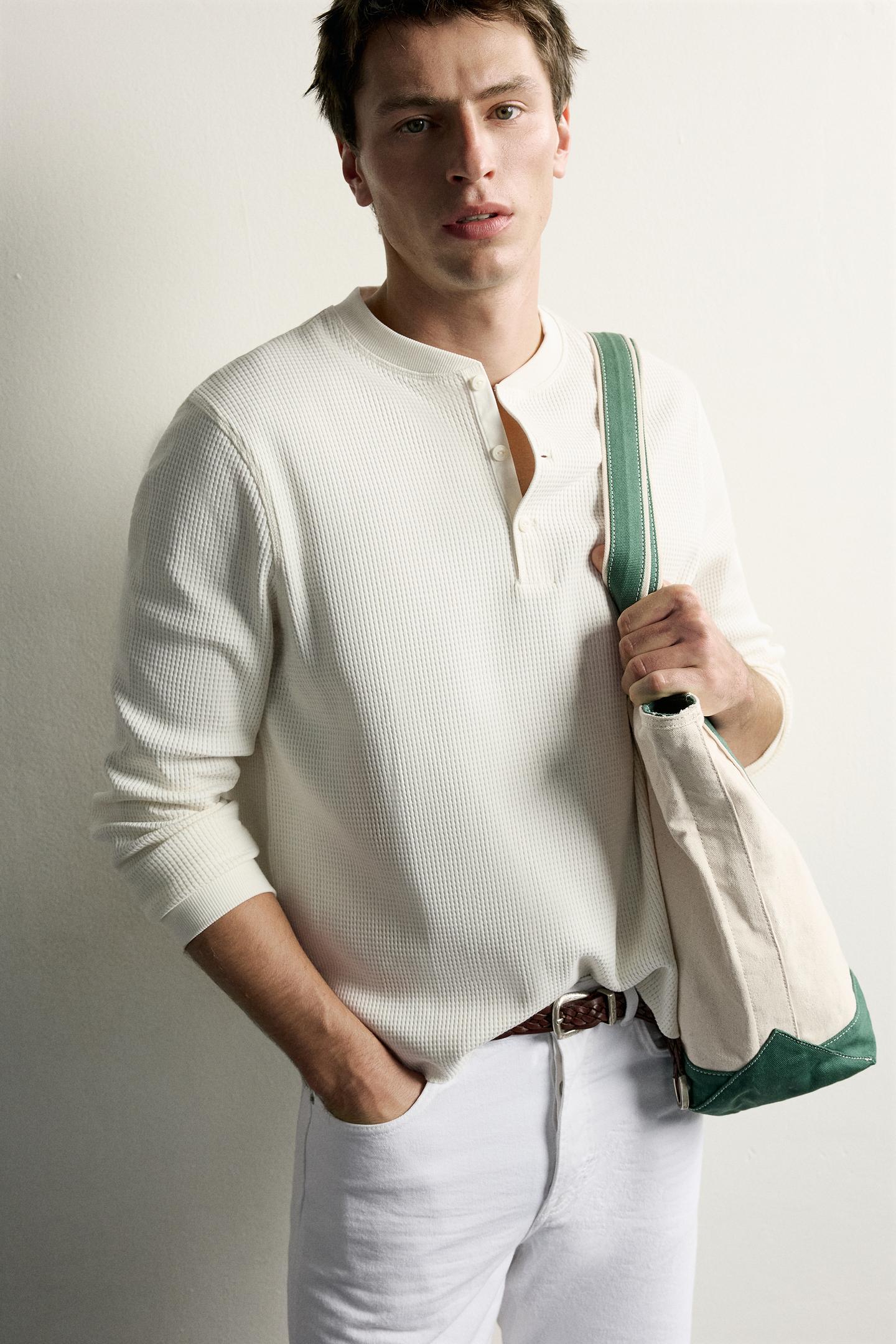 Мужская футболка Zara Waffle-Knit Henley, цвет: Экрю — фото 6