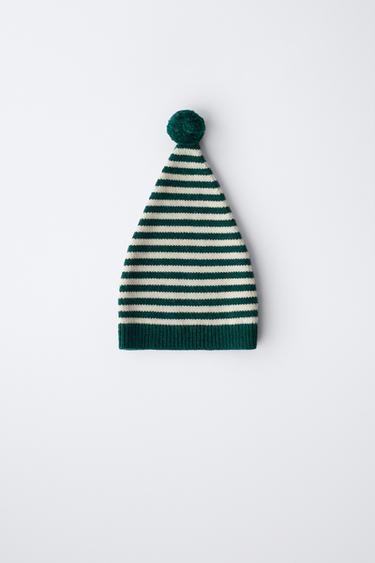 6-12 MONTHS/ STRIPED KNIT HAT WITH WOOL POMPOM - Dark green by Zara