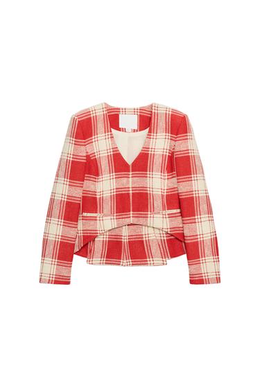 Front view of a fitted red and white checked blazer, V-neck, long sleeves, jetted pockets, asymmetric hem.