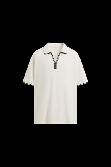 Zara CONTRAST OPEN WEAVE POLO SHIRT - Oyster-white - Image 0