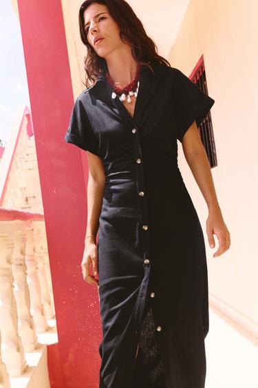 LINEN BLEND MIDI DRESS - Black by Zara - Image 3