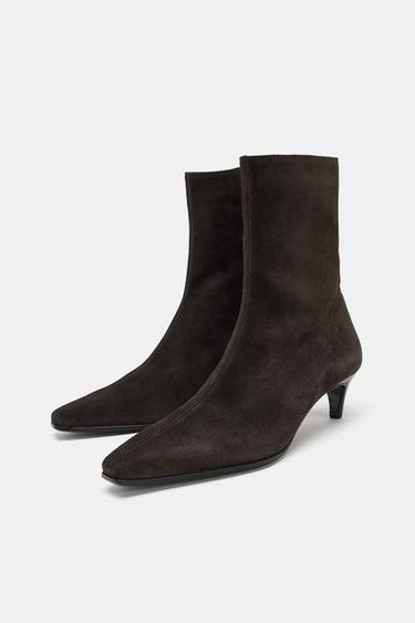 SPLIT SUEDE KITTEN HEEL ANKLE BOOTS - Chocolate Brown by Zara