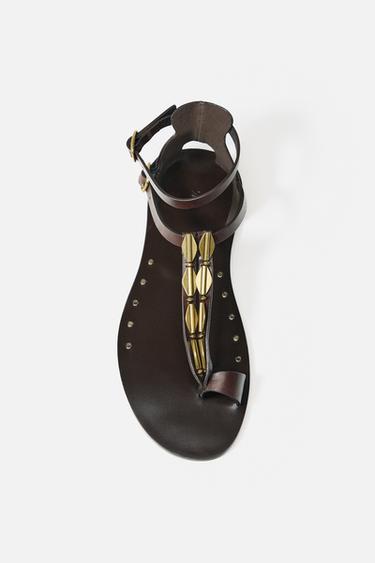 Zara LEATHER SANDALS WITH ORNAMENT - Brown