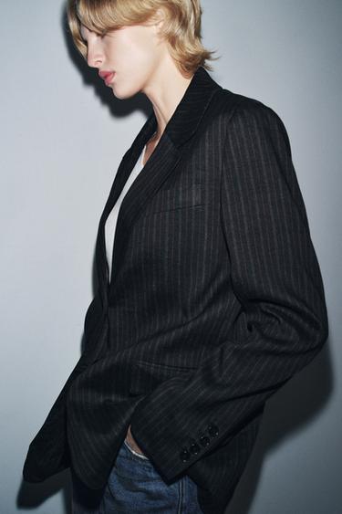 GESTREIFTER BLAZER MIT LEINENANTEIL ZW COLLECTION - Schwarz von Zara