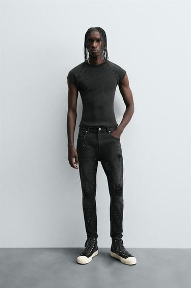Zara RIPPED SKINNY FIT JEANS - charcoal gray