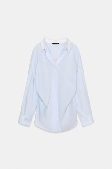 قميص OVERSIZE مخطط بأكمام خفاش - أزرق / أبيض الخاص بـ Zara