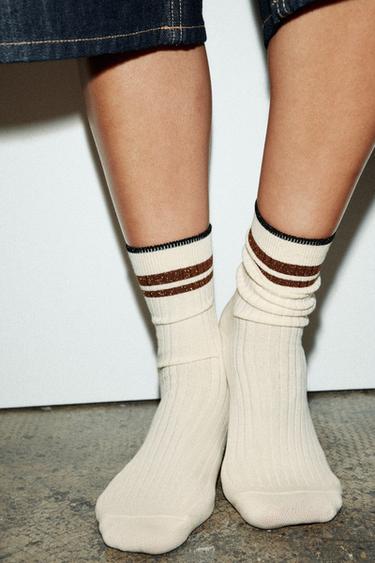 RIBBED SOCKS WITH METALLIC STRIPES - Ecru by Zara - Image 0