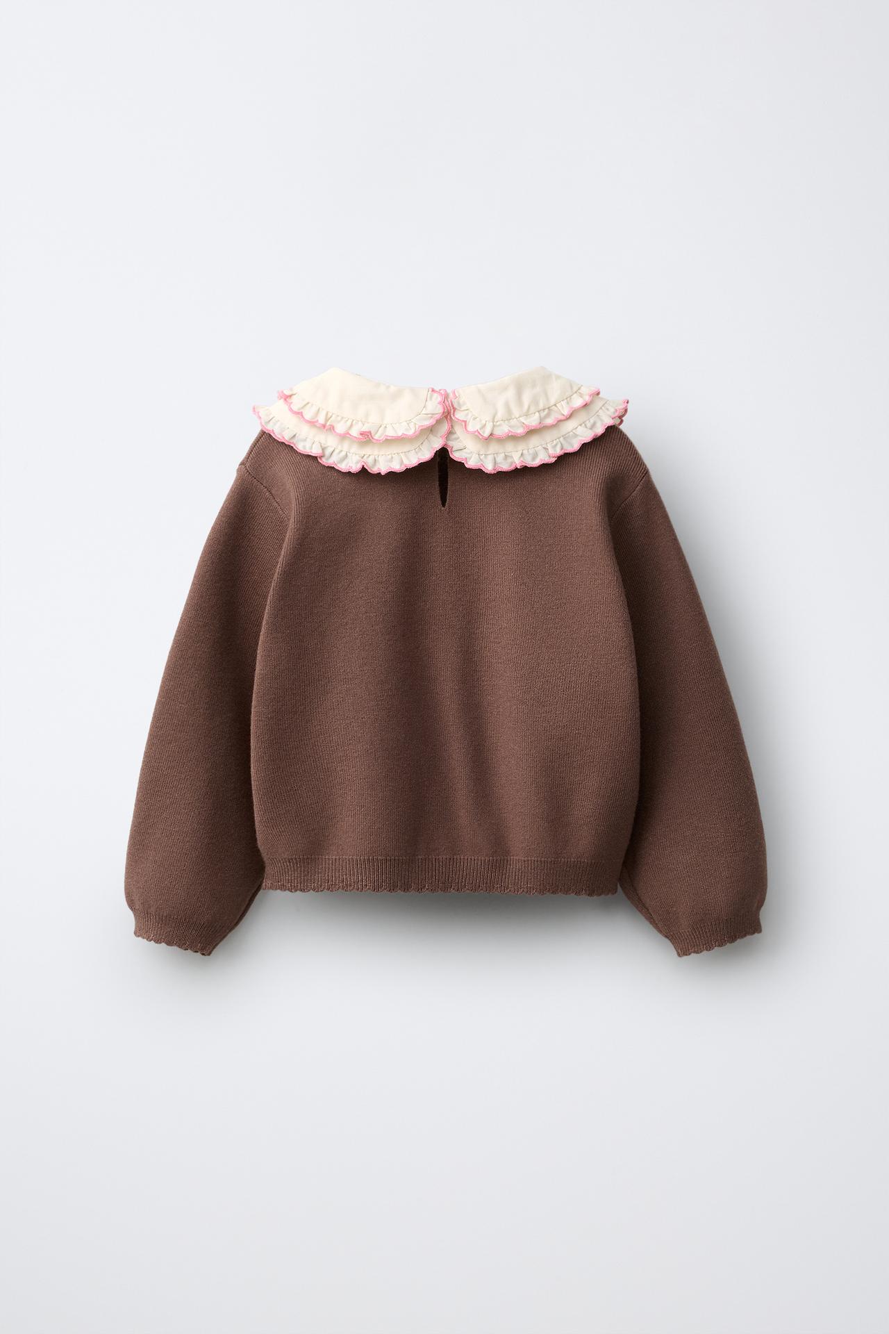 EMBROIDERED DOUBLE PETER PAN COLLAR SWEATER — Brown