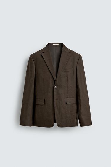 Zara 100% LINEN SUIT JACKET - Dark brown