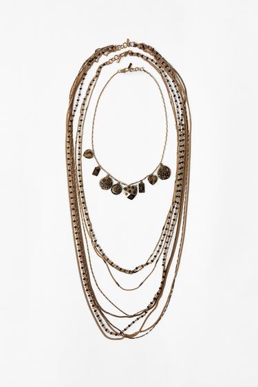 PACK OF 3 CHAIN BEAD CHARM NECKLACES - Aged gold by Zara