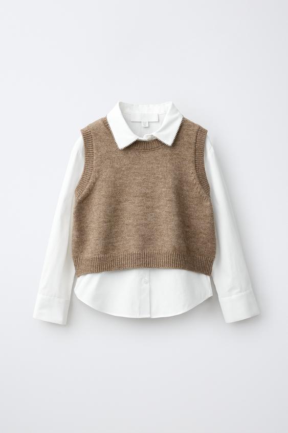 CAMISA COMBINADA CHALECO PUNTO STRASS - Tostado de Zara - Imagen 0