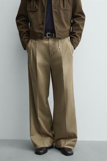 Zara 寬管打褶長褲 - 米色