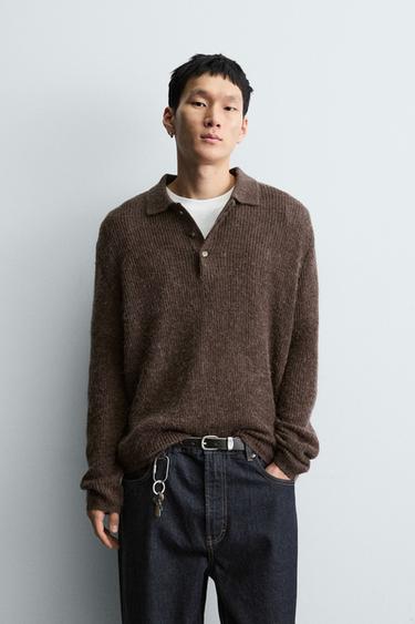 Zara TEXTURED KNIT POLO SHIRT - Brown