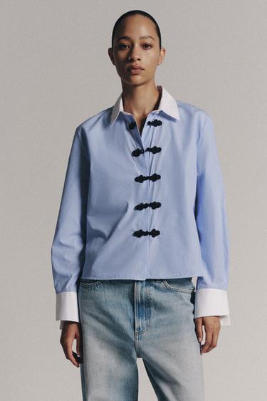 Zara ZW COLLECTION STRIPED FROG FASTENING SHIRT - Blue / White