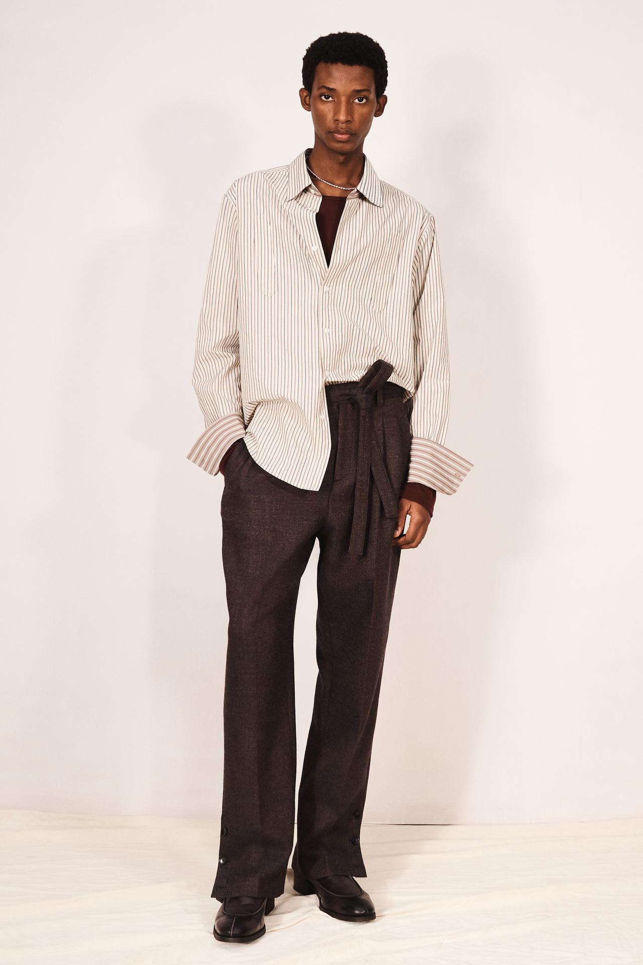 TEXTURED WOOL BLEND SUIT TROUSERS WITH BELT