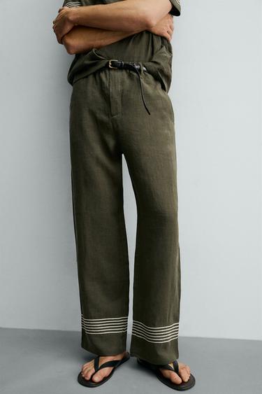 100% LINEN RELAXED FIT TROUSERS - Dark khaki by Zara - Image 4