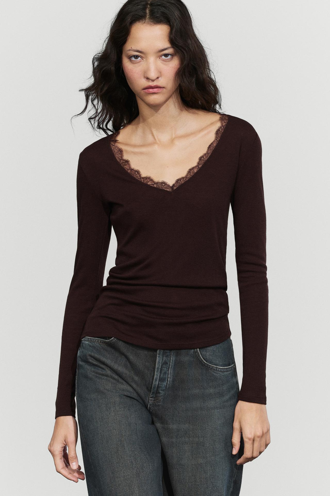 Long sleeve T-shirt with lingerie-inspired detail — Brown