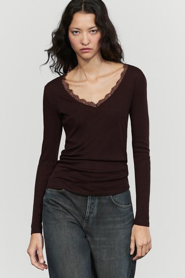 Long sleeve T-shirt with lingerie-inspired detail — Brown 2