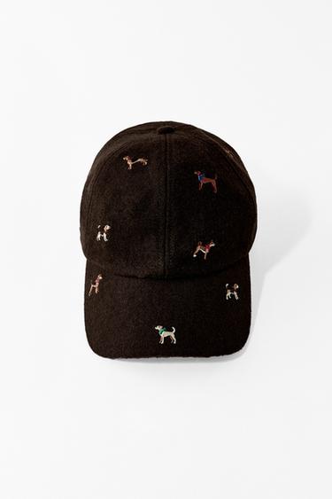 ウール製犬刺繍入りキャップブラウンZaraのウール製犬刺繍入りキャップ - ブラウン 