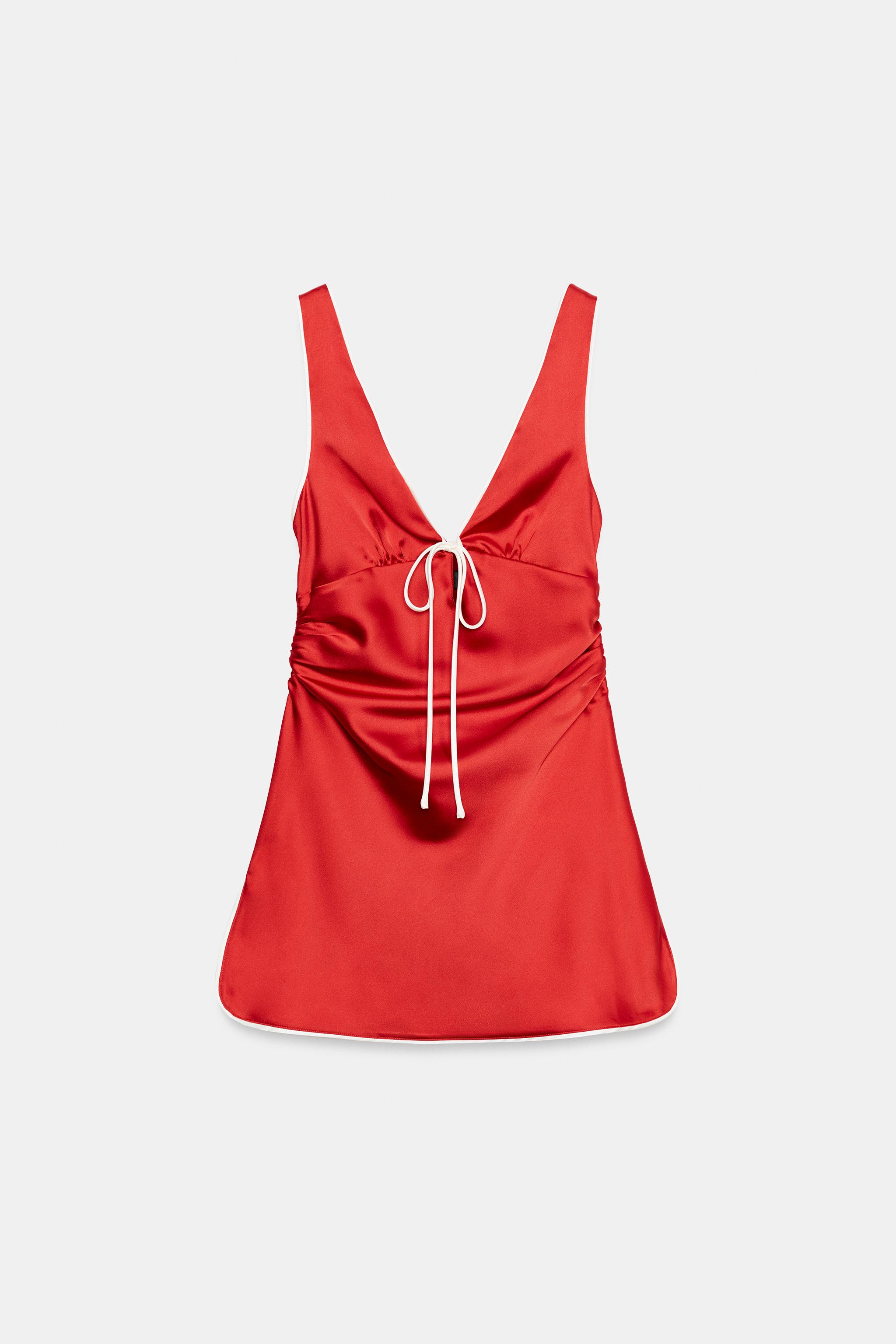zara red satin mini dress Zara Red Satin Finish Mini Dress With Draped Detail Size S NWT. **read
