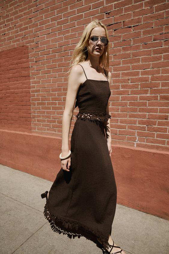 FALDA PAREO MIDI FLECOS - Marrón de Zara - Imagen 0