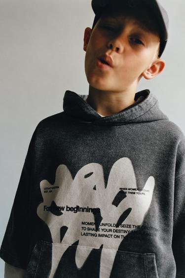 DOUBLE SLEEVE PRINT HOODIE - Grey / Beige by Zara
