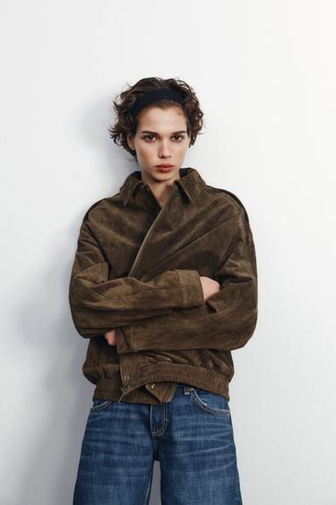 100% SUEDE LEATHER BOMBER JACKET WITH POCKETS - Khaki by Zara - Image 1