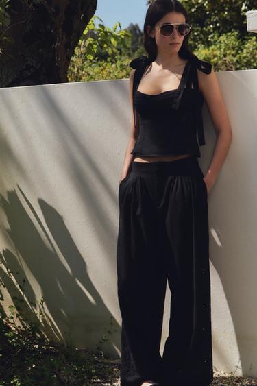 CALÇA COM BORDADOS E VÁRIAS PREGAS - Preto da Zara