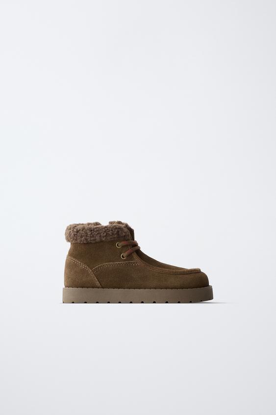 LEATHER FAUX SHEARLING ANKLE BOOTS - Brown by Zara - Image 0