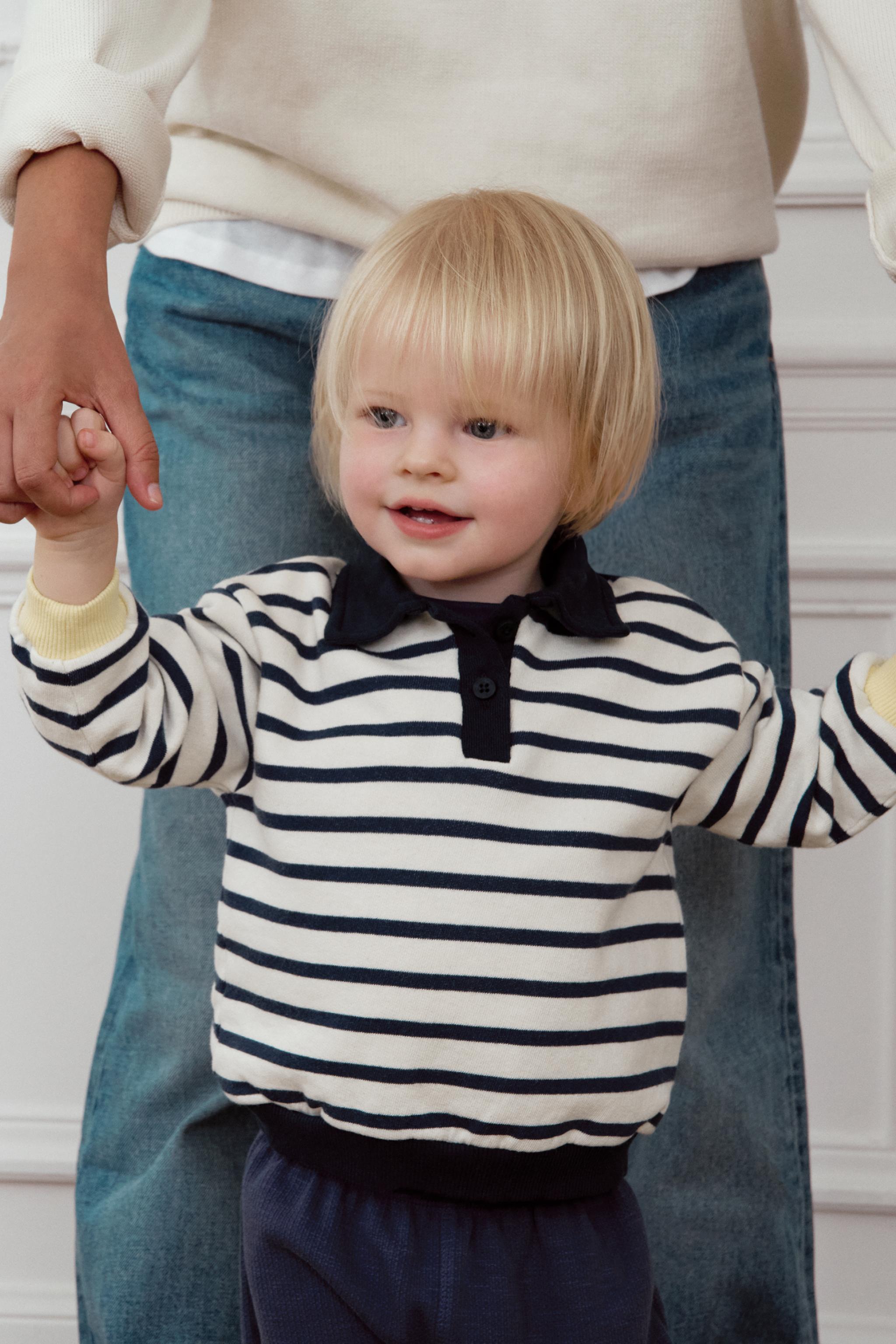 STRIPED POLO SWEATSHIRT — Ecru / Blue