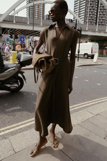 VESTIDO MIDI CINTO - Marrón de Zara - Imaxe 0
