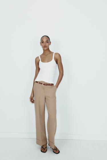 TROUSERS WITH TURN-UP HEMS AND BELT - camel by Zara