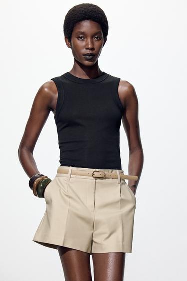 Zara BELTED SHORTS WITH DARTS - Light camel