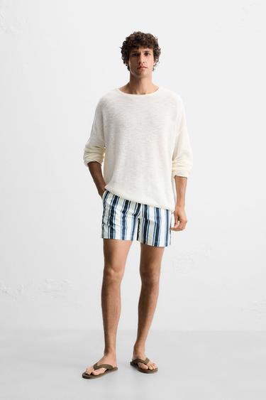 Zara STRIPED MID-LENGTH SWIMMING TRUNKS - Ecru / Blue - 圖片 0