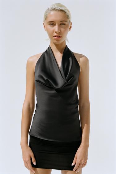 SATIN HALTER TOP - Black by Zara