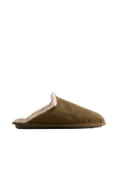COSY LEATHER SLIPPERS - Khaki Green by Zara
